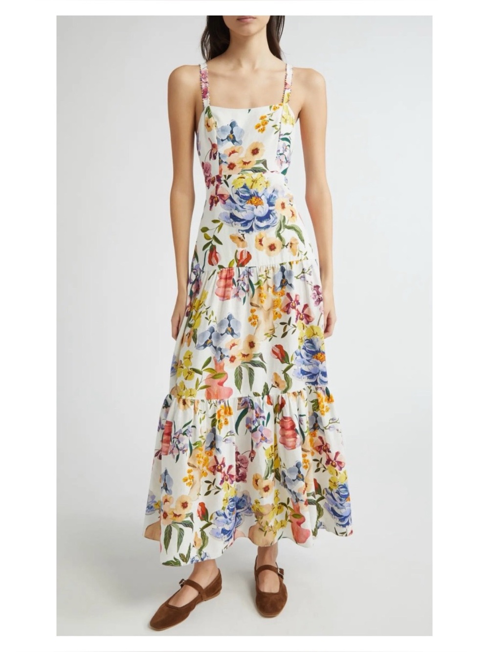 Farm Rio Greek Garden Tiered Linen Blend Maxi Dress XS